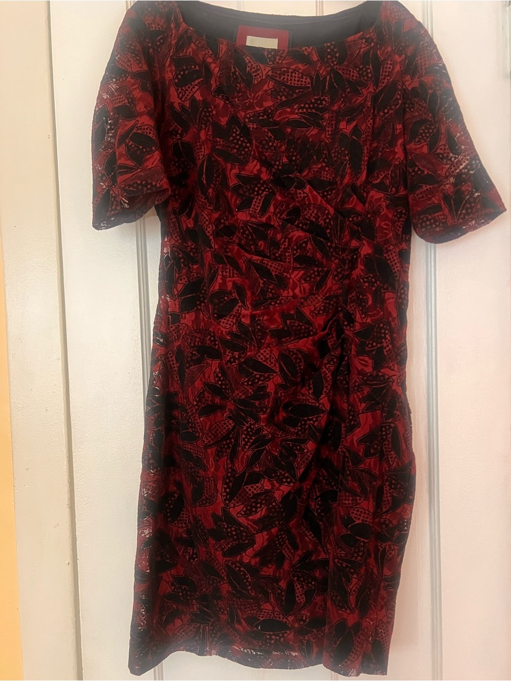 Maeve Red and Black Patterned Short-Sleeve Midi Dress